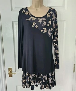 Joe Browns Dress Tunic Size 10 Asymetric Black & Brown Leaf Pattern Jersey - Picture 1 of 9