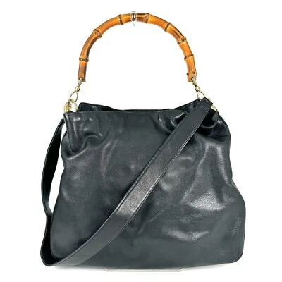 Bolso de Mano Vintage GUCCI GG Cuero Bambú Negro X03-0279 Foto 1 de 4