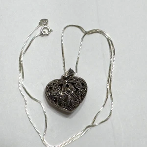 FAS Marcasite Heart Locket Necklace 925 Sterling Silver Openwork Box Chain VTG - Picture 1 of 10