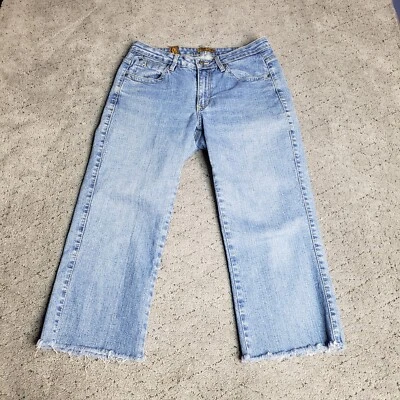 Jeans feminino Aura By Wrangler 10 azul perna larga cropped jeans bainha crua vaqueira solta - Imagem 1 de 4