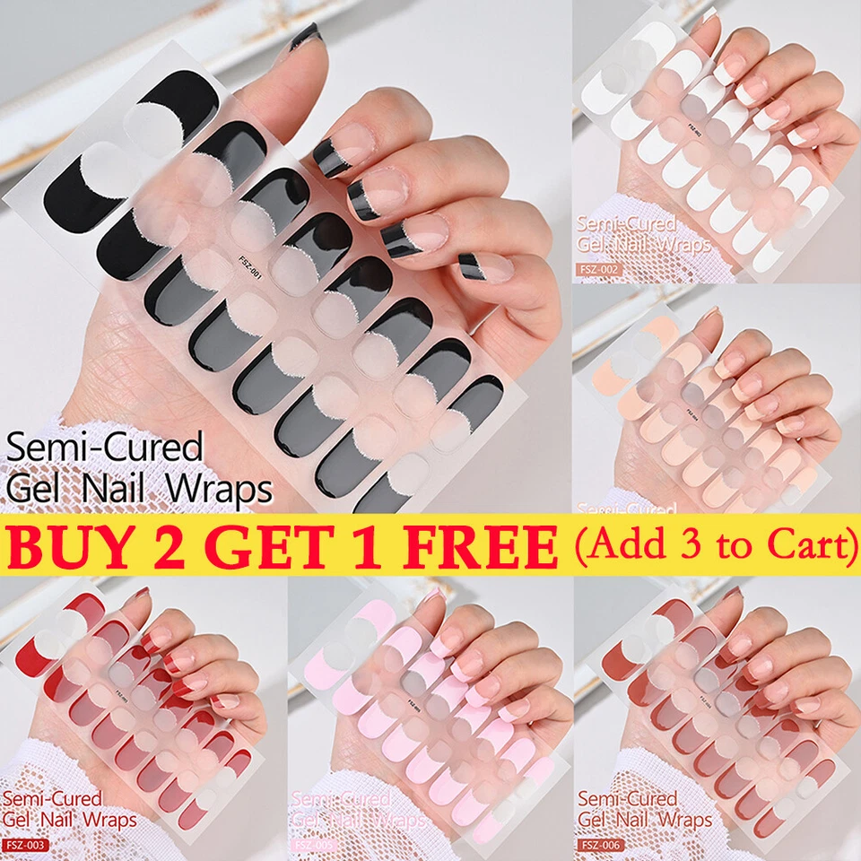 DIY French Patch Full Cover Wraps Gel Nail Sticker UV Lamp Semi-Cured Manicure !