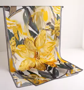 100% Silk long Scarf Women neckerchief Shawl Wrap floral yellow gray brown ZT368 - Picture 1 of 5