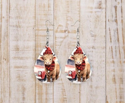 Christmas Highland Cow Wood Tear Drop Dangle Printed Earrings Jewelry - Image 1 of 3