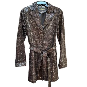 Alpaca Trench Coat Metallic Black Bronze Textured Belted Mob Wife Size M - Picture 1 of 9