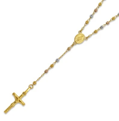 2.5mm 14K Solid Tricolor Gold Moon Cut Rosary Necklace Crucifix 16" 18" 20" - Image 1 of 2