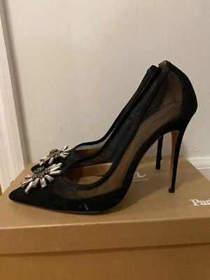 Aquazzura черный атласной кожи насосы дизайнерские туфли каблуки с драгоценным камнем размер 7 - Изображение 1 из 4