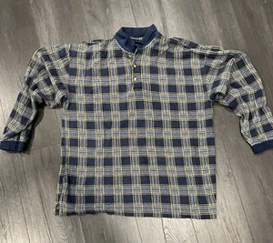 Vtg 90s Trader Bay Blue Yellow Plaid Rugby Shirt Polo Long Sleeve Shirt Men L - Picture 1 of 11