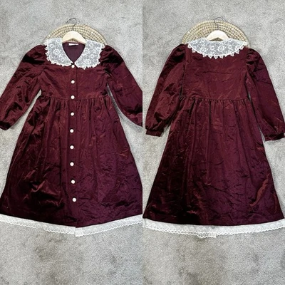 Vestido Bonnie Jean New York Vintage Niñas Terciopelo Rojo Manga Larga Encaje Ribete Talla 6 Foto 1 de 4