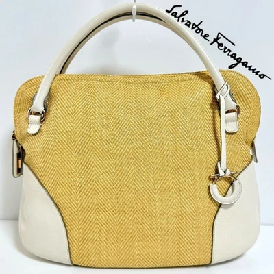 Salvatore Ferragamo Gancini Handbag Leather Straw Woven Ivory Gold - Image 1 of 4