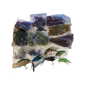 Mixed Lot of Fishing Lures 7 Crank Bait 7 Rubber Worms Package Vintage - Picture 1 of 12