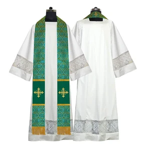 Green Liturgical Clergy Stole with Jerusalem Cross Embroidery | Church Vestment - Picture 1 of 2