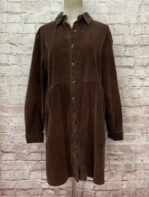 Talbots Petites 14P Brown Thick Corduroy Button Front Shift Babydoll Dress VTG - Image 1 of 4