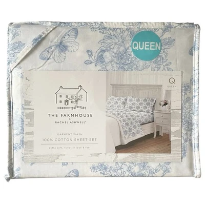 Juego de sábanas The Farmhouse Rachel Ashwell Queen azul blanco floral suave lavado NUEVO Foto 1 de 4