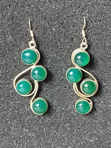 Green Onyx Round Stones 925 Sterling Silver Handmade Dangle Earrings 14.2g - Picture 1 of 4