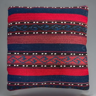 "Almohada Kurdo Kilim Lana Turca Terciopelo Rojo Azul Marino Rayas 12""" Foto 1 de 4