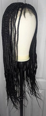 28 inch Long Boxed Braided Synthetic Wig Full Double Lace Black Braids HD Front - Image 1 of 4