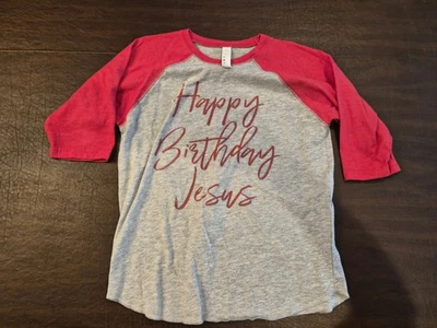 Happy Birthday Jesus Tshirt 3/4 Sleeve Cotton Red And Gray Youth Small - Image 1 of 4