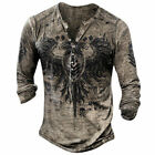 Men T-Shirt Retro Print V Neck Tops Long Sleeve Casual Button Slim Fit Blouse