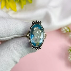Aquamarine Ring, Silver Band Ring, Oxidized 925 Sterling Silver Ring - Picture 1 of 4