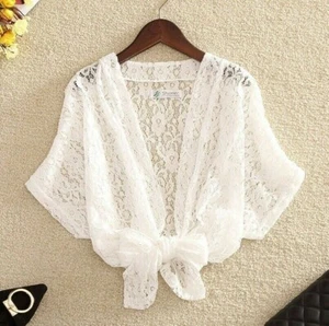 Women Cardigan Coat Hollow Out Lace Bolero Cape Sheer Short Sleeve Summer Green - Picture 1 of 16