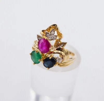 Gelbgold Ring Bunte Edelsteine 585 14K Gr.54 Diamant Smaragd Rubin Saphir 1,11Ct - Bild 1 von 4
