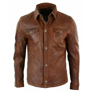 Men's Lambskin Soft Waxed Brown Leather Slim Fit Casual Shirt - Picture 1 of 4