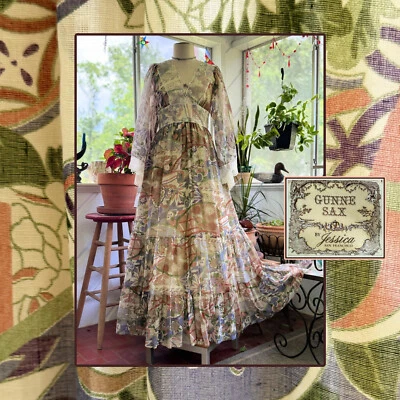 Impresionante Vestido Largo Maxi Estampado Papel Origami Japonés Ala de Ángel Gunne Sax 11 Foto 1 de 4