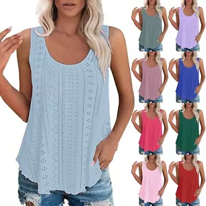 Womens Tank Tops Scoop Neck Eyelet Embroidery Sleeveless Shirts Casual Loose Top - Picture 1 of 51