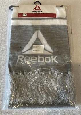 Bufanda de invierno Reebok Spellout unisex borla flecos gris y blanco nueva en paquete Foto 1 de 4