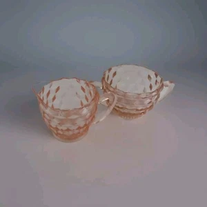 Pink Depression Glass Sugar Bowl and Creamer Set, Cube Pattern - Picture 1 of 3