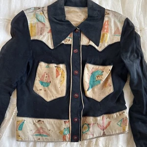 Vintage 1960s 1970s Hand Drawn Cartoon Suede Jacket Cropped Fit Coat Leather - Picture 1 of 24
