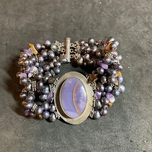 Multi Layer Purple Amethyst Sterling Silver And Pearl Bracelet 7.5” B145 - Picture 1 of 7
