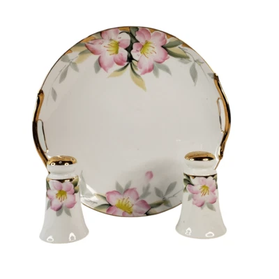 Vintage Noritake Reticulated Serving Plate Salt Pepper Shakers Cherry Blossom - Imagem 1 de 4