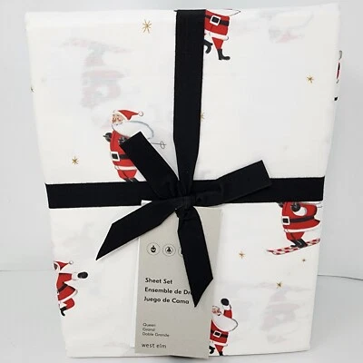 West Elm Moderno Esquí Papá Noel Navidad Orgánico Juego de Sábanas Reina Nuevo Foto 1 de 4