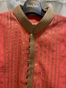 AROK by KORA MEN'S SHERWANI Coral Gold Large Festive Silk L/XL lined Unique - Picture 1 of 9