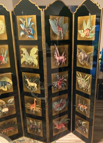 Asian CHINESE Black Lacquer With Beautiful Animals 4 Panel SCREEN Room Divider Cover