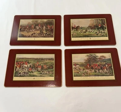 VTG Set Of 4 Large Placemats Burgundy Cork Laminated Hunting Fox Horse Scene - Image 1 of 4