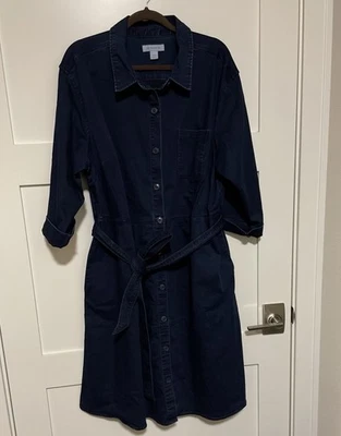 Liz Claiborne Dark Denim Dress Button Down Belted Short Cuffed Sleeves Pockets - Image 1 of 4