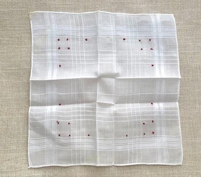 VINTAGE HANKY 1930s NEW NEVER USED EMBROIDERED DOTS IN EWS ON WHITE DAMASK LINEN - Image 1 of 3