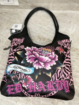 Ed Hardy черный розовый Tiger сумка с короткими ручками сумка наплечная сумка цветы пион бриллиант татуировки - Изображение 1 из 4