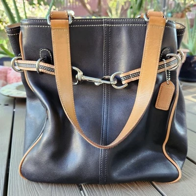 Vintage COACH Tote 7532 Bag Y2k 2005 Black/Vachetta Tan Belted Leather purse - Image 1 of 4