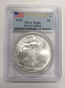 2010 $1 AMERICAN SILVER EAGLE PCGS MS69 FLAG- FIRST STRIKE LABEL - Picture 1 of 2