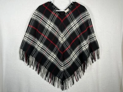 Poncho Lord & Taylor a Cuadros Flecos Estampado Negro Talla Única Rojo Rayas Boho Chic Envoltura Foto 1 de 4