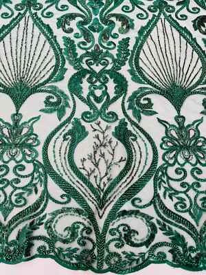 Leaf Damask Bead Fabric Hunter Green Embroidery Sequins Heavy Beaded Fabric Yard - Image 1 of 4