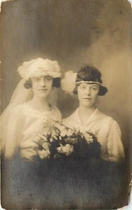 RPPC Bride With Veil Bouquet and Another Woman Bridesmaid or Mother B&W Photo - Picture 1 of 2
