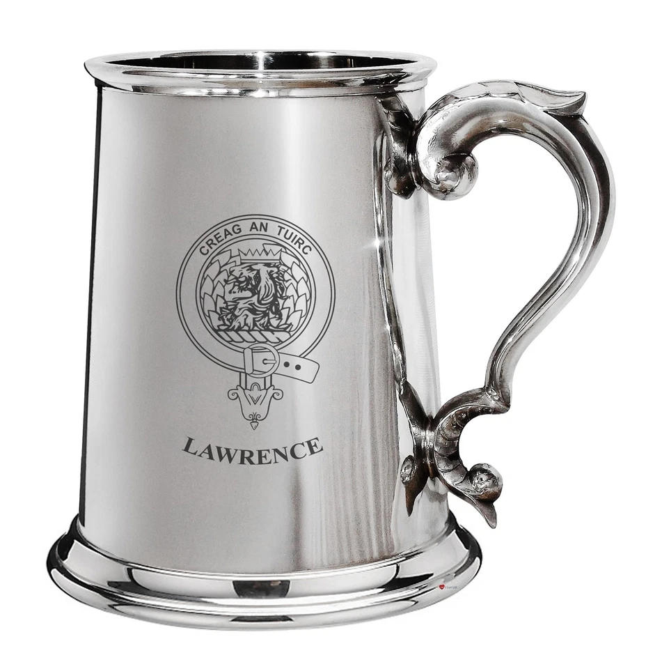 Lawrence Family Crest Polished Pewter 1 Pint Tankard with Scroll handle - Image 1 of 1