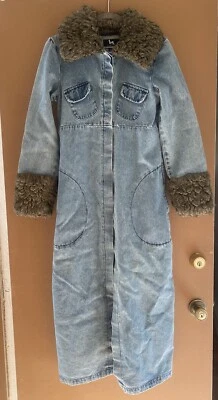 De Colección Y2K Blanc Noir Jean Denim Chaqueta Larga Trinchera Piel Sintética Sherpa Cuello Puños S Foto 1 de 4