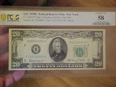 NOTA RARA 1950E US$ 20 VINTE DÓLARES RESERVA FEDERAL Fr.2064-B* NOTA ESTRELA PCGS AU58 - Imagem 1 de 4