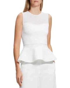 Theory Sleeveless Peplum Top Women's S White Solid Crew Neck Semi Sheer Pullover - Picture 1 of 16