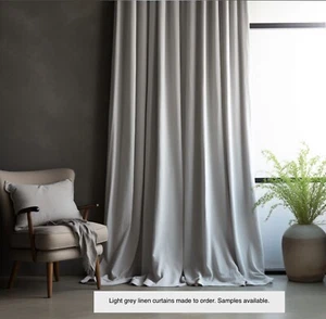 GREY LINEN WINDOW CURTAINS. PENCIL PLEAT, EYELET, PINCH PLEAT. BAY, LIVING ROOM. - Picture 1 of 12